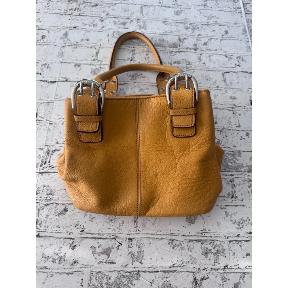Tignanello Mustard Yellow Pebbled Leather Satchel Buckle Handbag Silver Hardware